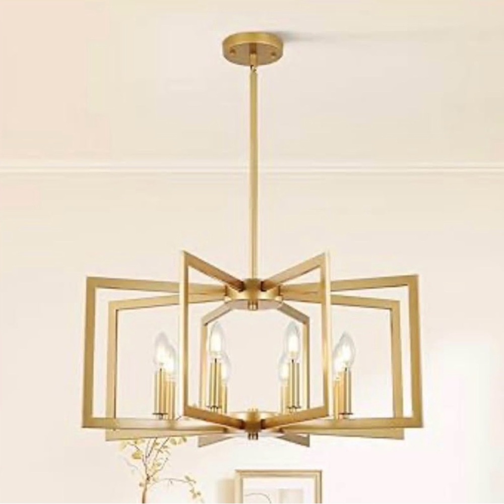 8-Light Modern Farmhouse Gold Geometric Chandelier, Large Industrial Fixture NIB